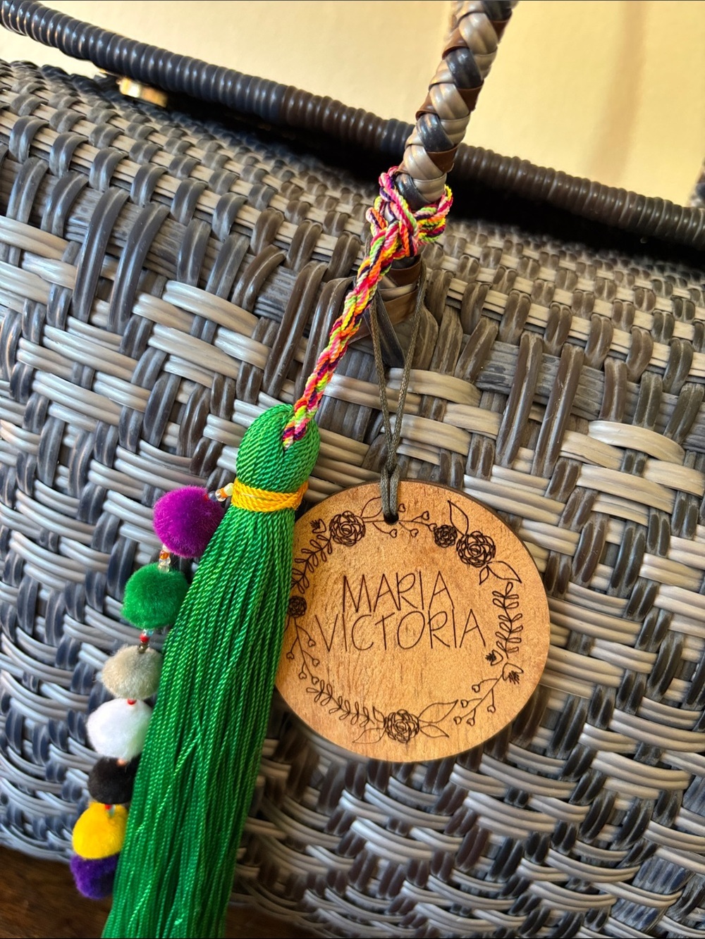 Handwoven Gray and Brown Tote with Green Tassel Charm - Picture 2 of 8